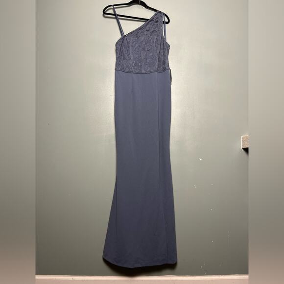 NWT Adrianna Papell One Shoulder Lace Crepe Gown Dusty Blue Women’s Size 8 - Picture 2 of 11